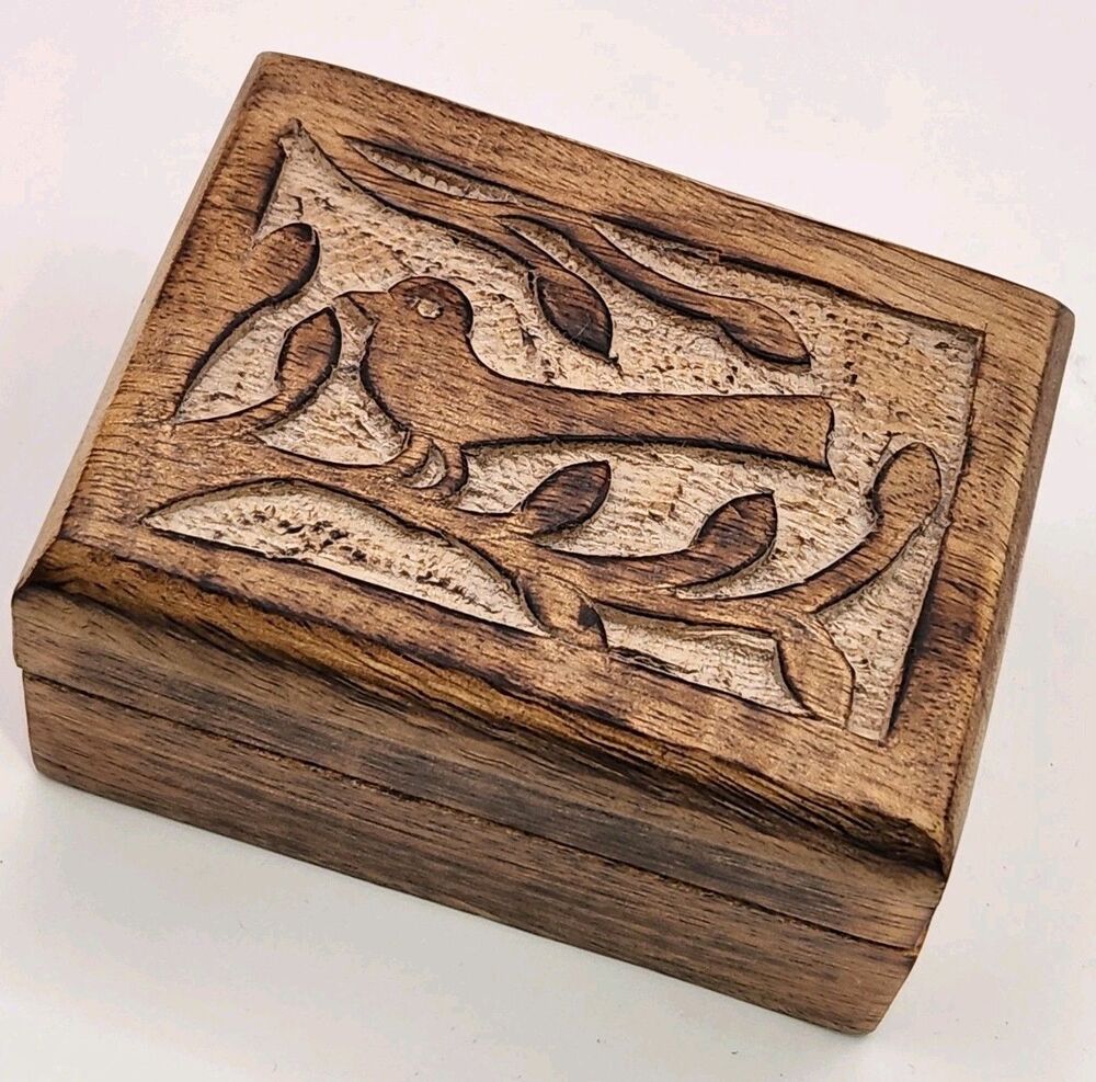 Vintage Hand Carved Hinged Wooden Wood Jewelry Trinket Box India Bird